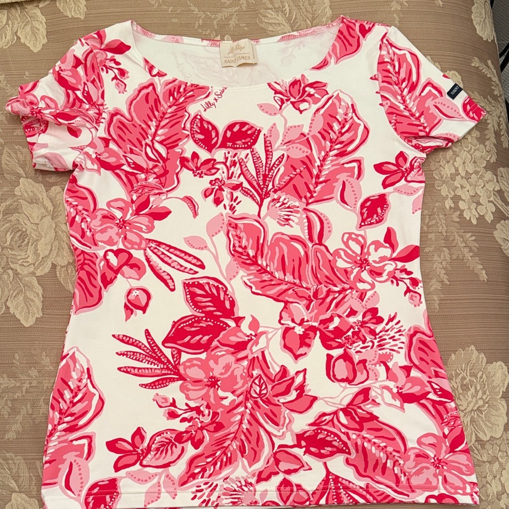 Lilly Pulitzer - Saint James collab White Tee with Hot Pink Floral Print